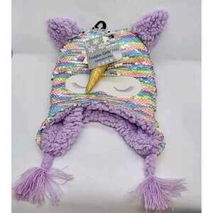 Unicorn Hat Cozy Sequin Purple Lining with Horn & Ears & Eyes Toddler Girls New